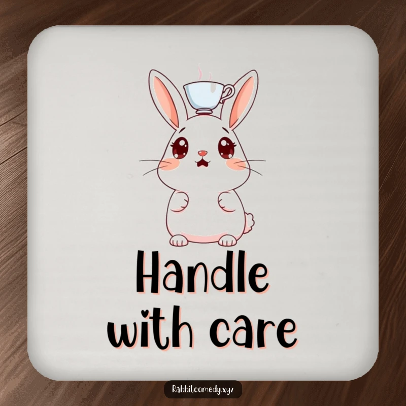 Funny drink coaster, a surprised rabbit with wide eyes, a teacup balanced on its head, protecting surfaces with comical flair.