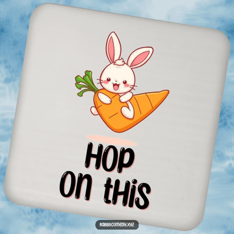 Funny kawaii rabbit character hopping on a giant carrot on a protective drink coaster, adding cute fun.