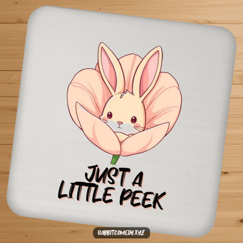 Funny drink coasters featuring a curious rabbit peeking from a flower bud, offering surface protection with a smile.