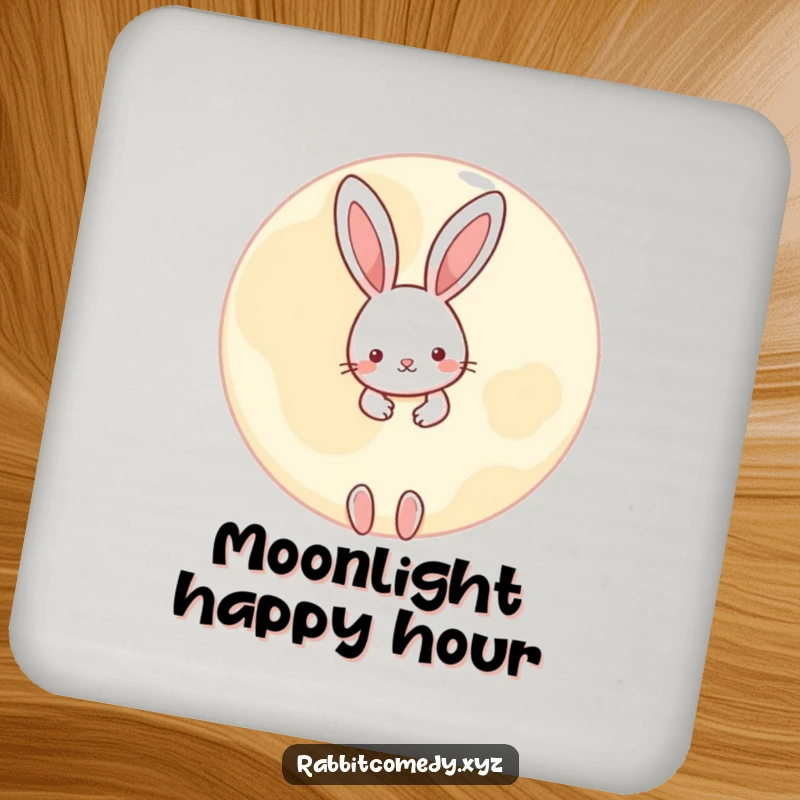 Funny little rabbit coaster, peeking playfully from behind a large, round moon, whimsical and cute art for surface protection.
