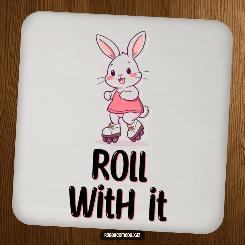 Funny Drink Coaster with a playful rabbit on roller skates, spinning to protect surfaces with charming, humorous flair.