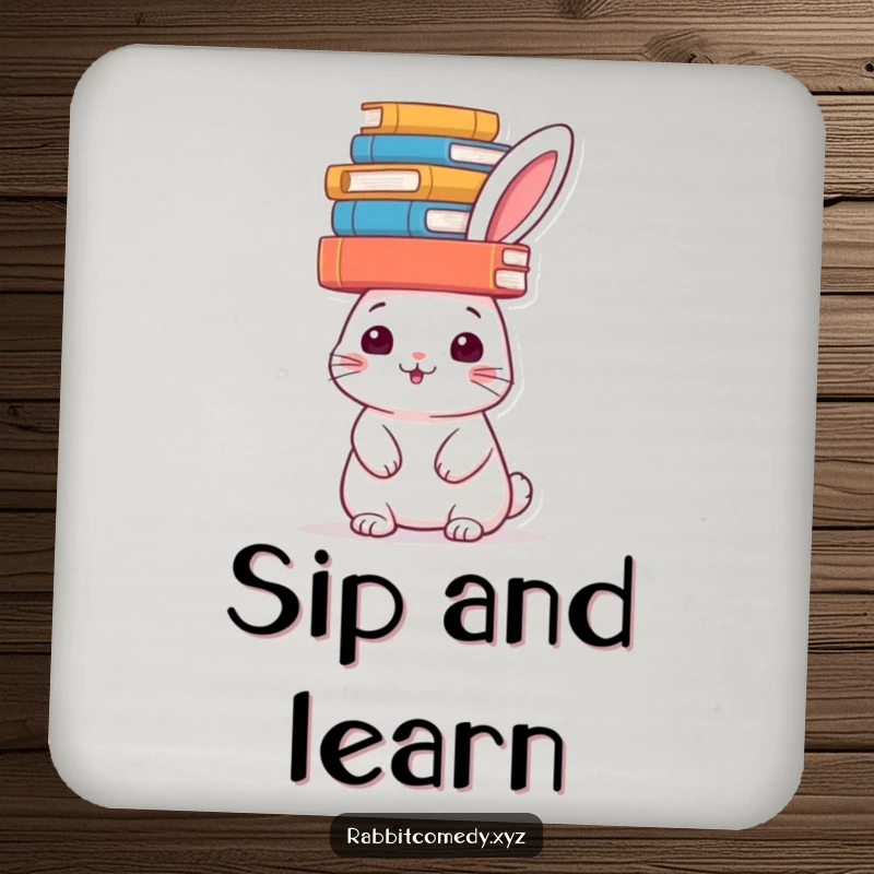 Funny rabbit drink coaster, books balanced on its head, protecting surfaces with intellectual charm, a small funny gift.