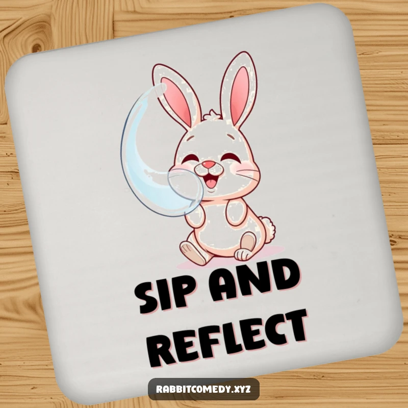 Funny drink coaster featuring a giggling rabbit character blowing a large bubble reflecting its own face.