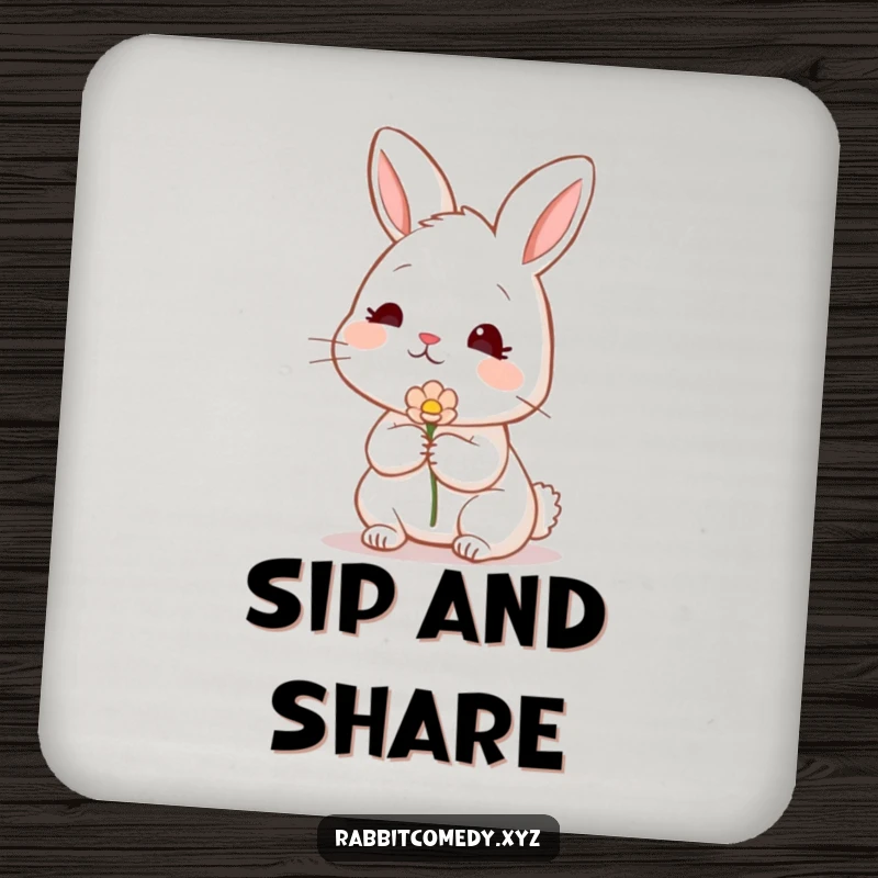Funny shy rabbit drink coaster, blushing and offering a flower, protecting surfaces with gentle charm, a small funny gift.