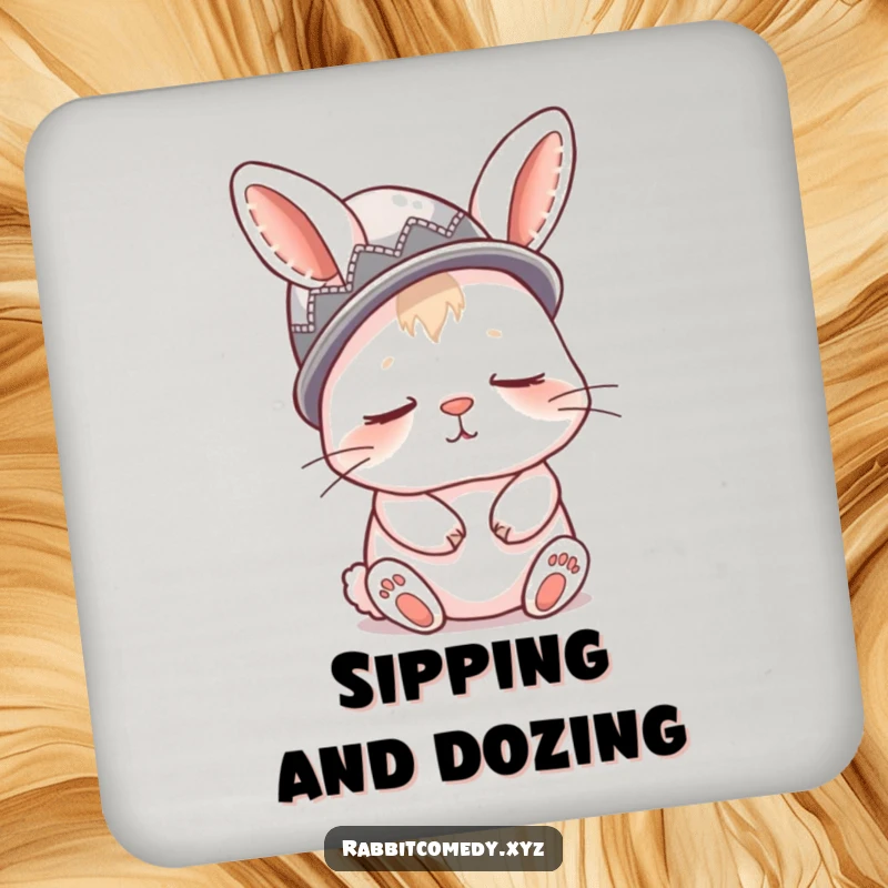 Funny drink coasters featuring a sleepy rabbit wearing a thimble as a hat, offering surface protection with a smile.
