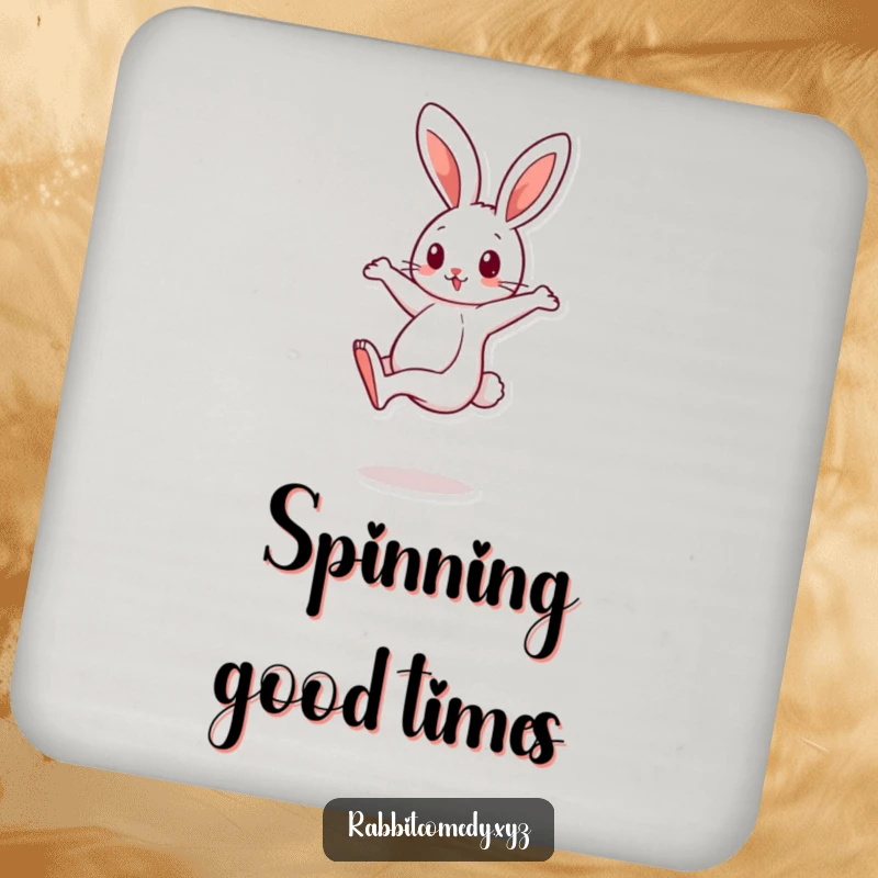 Funny cartoon rabbit character balancing on one leg, spinning quickly on humorous drink coasters, protecting surfaces.