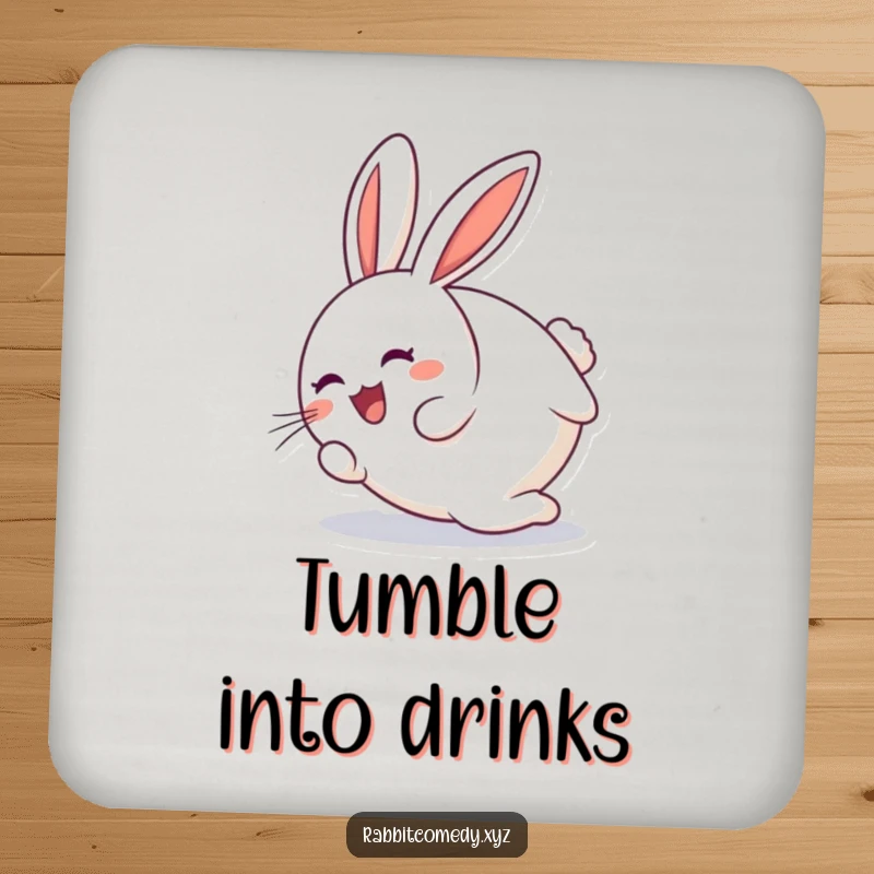 Funny round rabbit character joyfully tumbling end over end on humorous drink coasters, protecting surfaces.