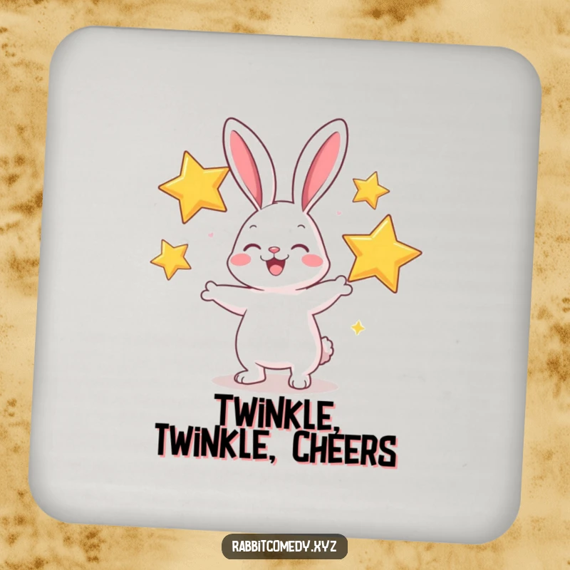 Funny drink coaster featuring a cheerful rabbit character juggling sparkly stars.