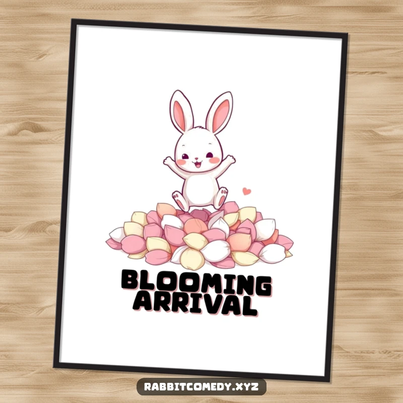 Funny poster showcasing a jumping rabbit character joyfully landing in a soft pile of colorful flower petals, embodying pure delight.