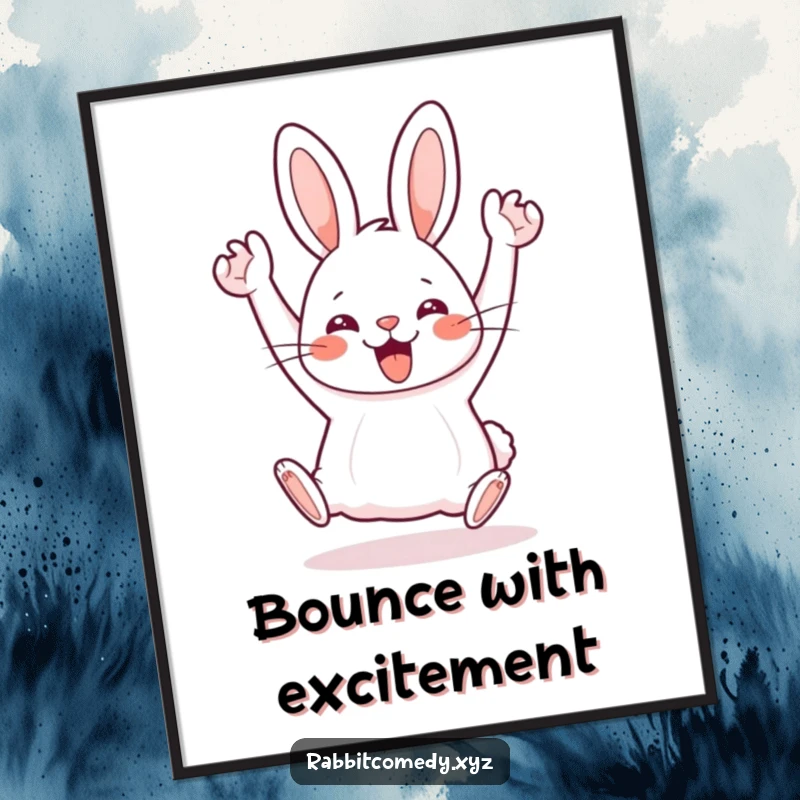 Funny Kawaii rabbit in mid-silly hop with arms raised high, capturing pure exuberance in this humorous poster art.