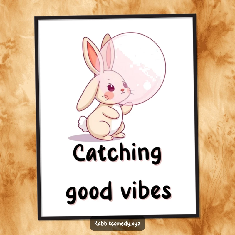 Funny poster of a rabbit character with floppy ears jumping to catch a large floating bubble, a humorous and enchanting piece of art.