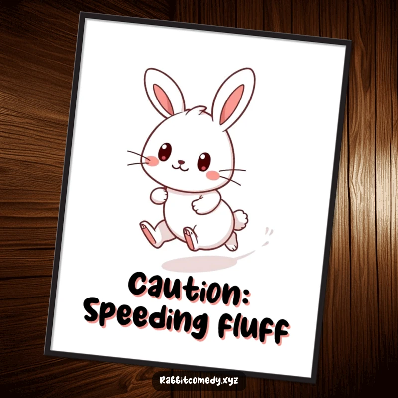 Funny Kawaii rabbit poster, in a playful dash, kicking up dust, cute and energetic wall art for a cheerful atmosphere.