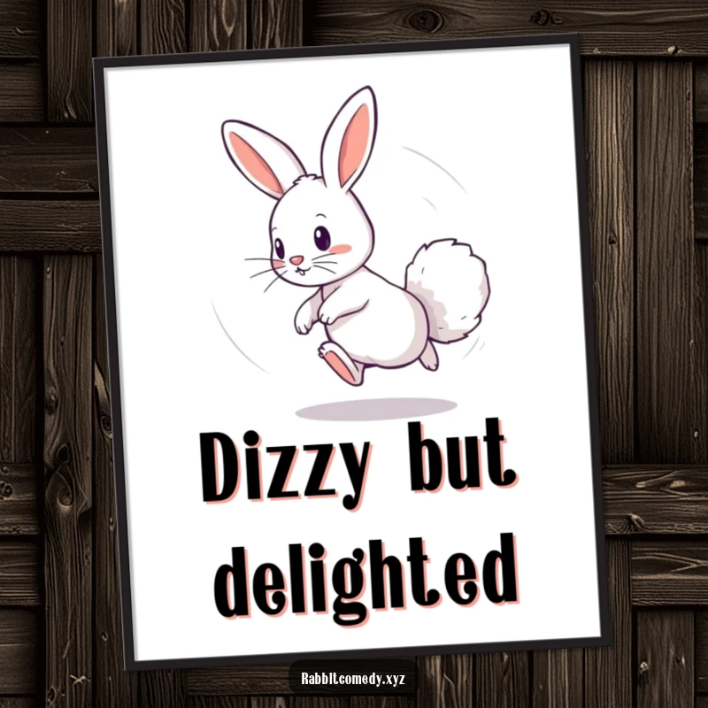 Funny poster featuring a playful rabbit chasing its fluffy tail in a dizzying circle, a dynamic piece of wall art full of energetic fun.