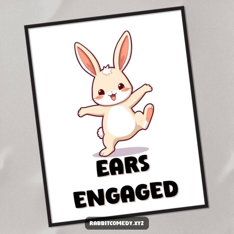 Funny Poster: A dynamic illustration of a happy rabbit with oversized ears mid-cartwheel, bringing energetic fun.