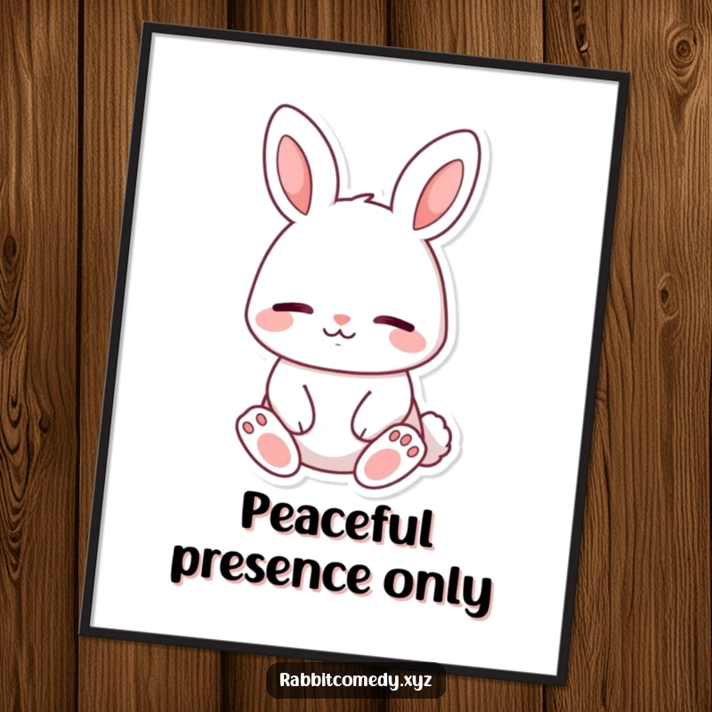 Funny wall art poster, a content rabbit character sitting peacefully, eyes closed with a gentle smile, radiating a sense of calm.