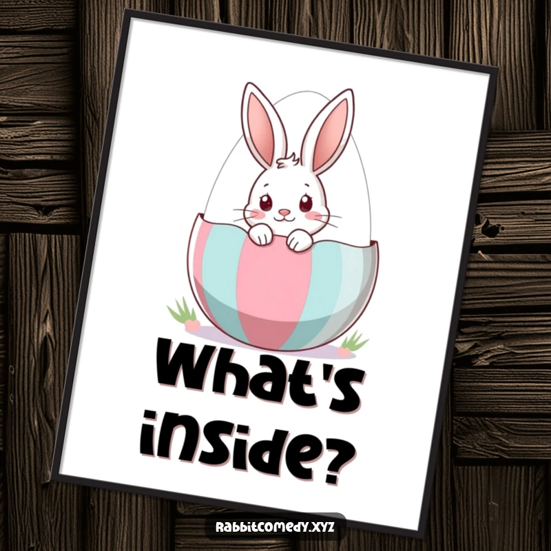 Funny Poster showing a rabbit curiously peeking out from a large, decorated Easter egg, evoking holiday wonder and fun.