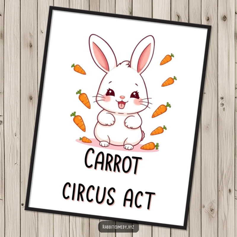 Funny kawaii rabbit with a mischievous grin juggling tiny carrots, a playful and eye-catching poster for any room.
