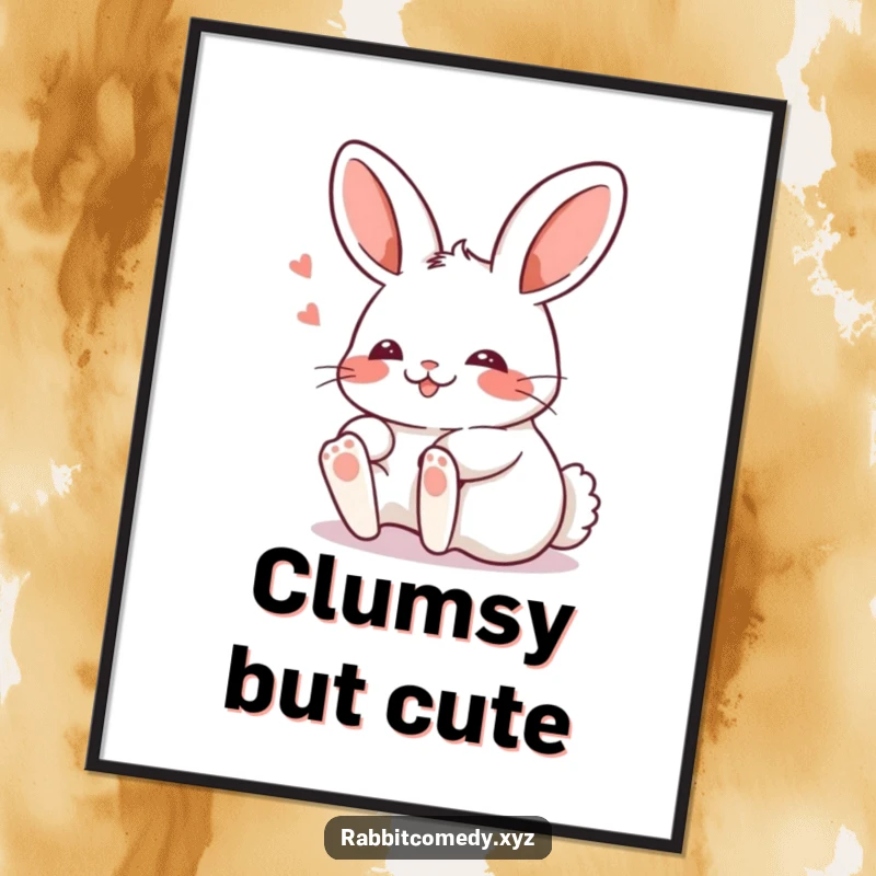 Funny Kawaii rabbit tripping comically with a blush, captured as humorous wall art on a vibrant poster.