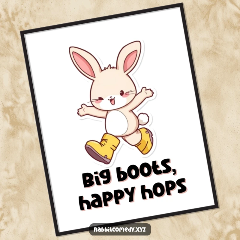Funny poster featuring a happy rabbit wearing oversized boots, skipping with pure delight, a vibrant piece of whimsical wall art full of joy.