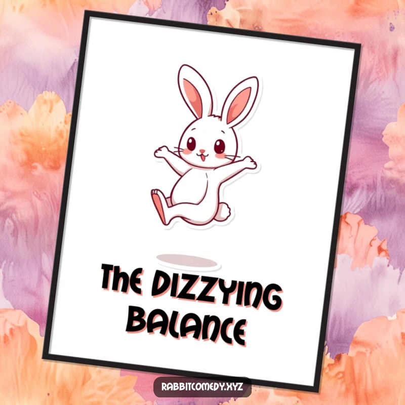 Funny cartoon rabbit character balancing on one leg, spinning quickly on a humorous poster, ideal wall art.