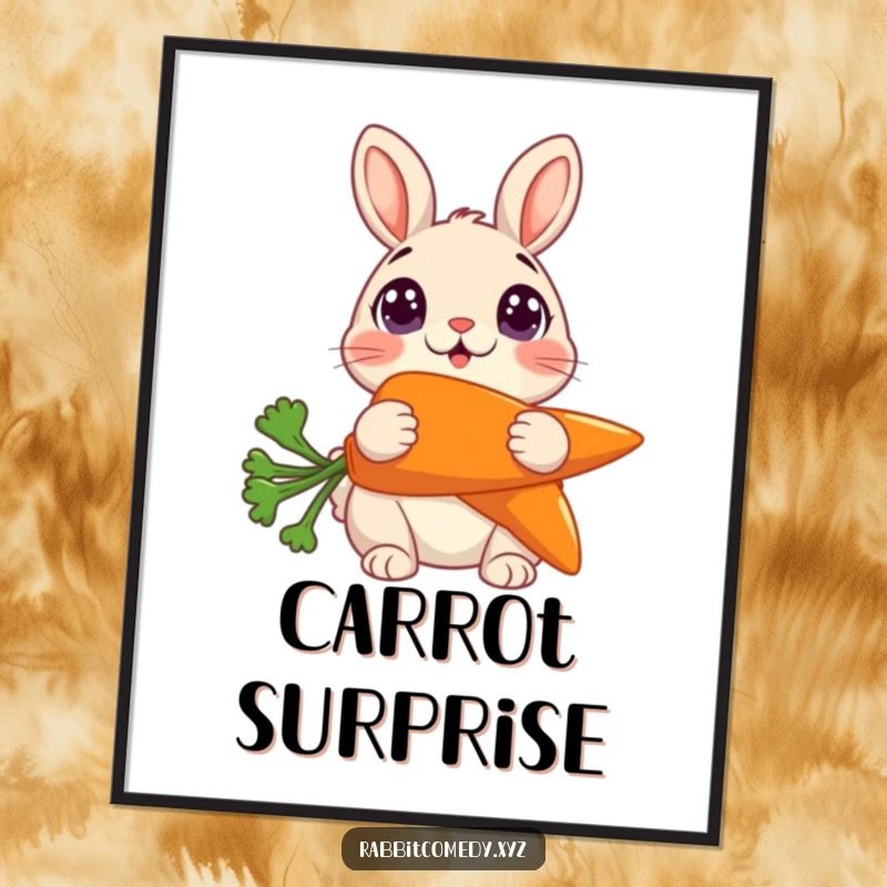 Funny Poster: Whimsical art of a rabbit with shocked, wide eyes clutching an enormous carrot.