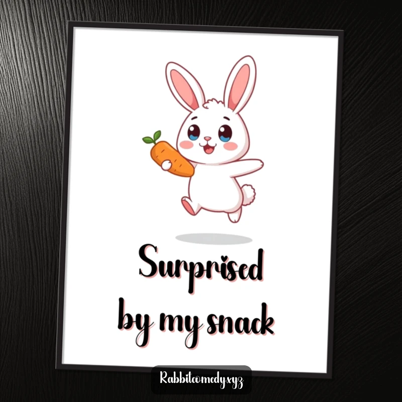 Funny surprised rabbit poster, mid-air, eyes wide, carrot in sight, a comical illustration to add humor to any wall space.