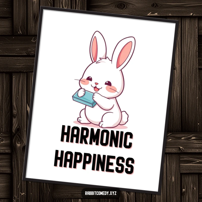 Funny Kawaii rabbit with a happy expression playing a tiny harmonica, presented as vibrant wall art for music enthusiasts.
