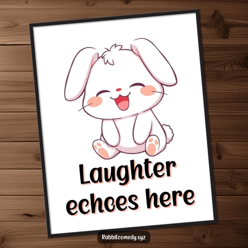 Funny poster of a rabbit character with its ears flopped over, caught in a moment of uncontrollable giggling and rolling with laughter.