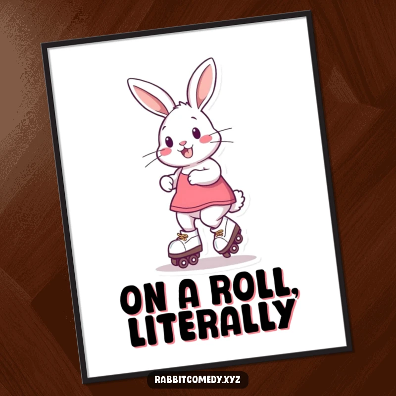 Funny Poster of a playful rabbit on roller skates, captured in a dynamic spin, bringing lively energy and humor to wall decor.