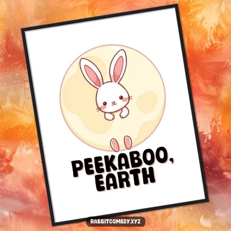 Funny little rabbit poster, peeking playfully from behind a large, round moon, whimsical and dreamy wall art for any space.