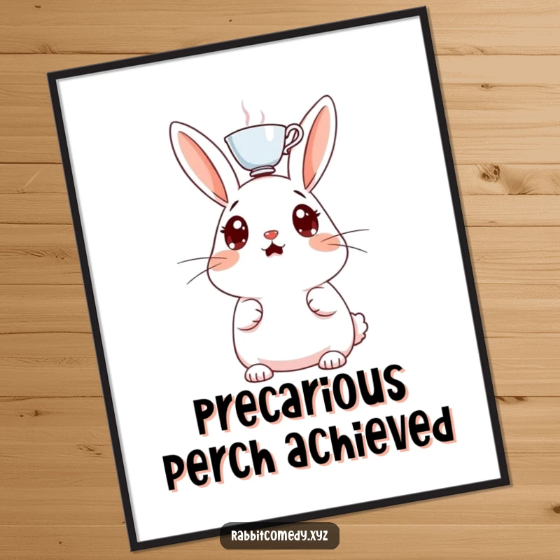 Funny wall art poster, a surprised rabbit with wide eyes, a small teacup balanced on its head, capturing a moment of pure comical shock.