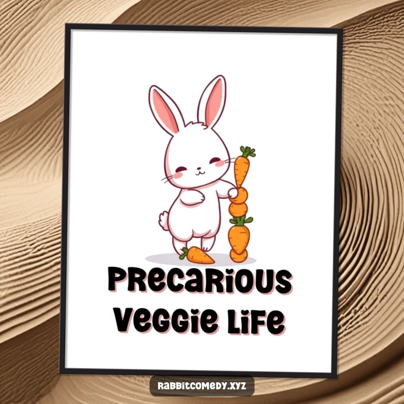 Funny poster art of a petite rabbit attempting to balance a precarious stack of tiny carrots, full of charm.