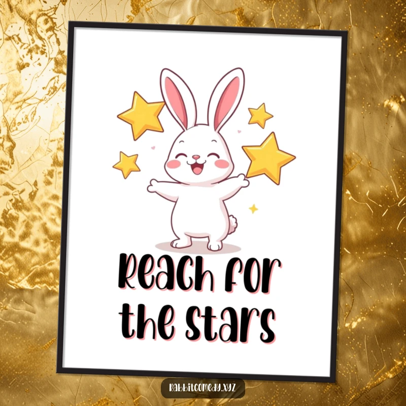 Funny poster of a cheerful rabbit character skillfully juggling three large, glittering stars with a joyous expression.
