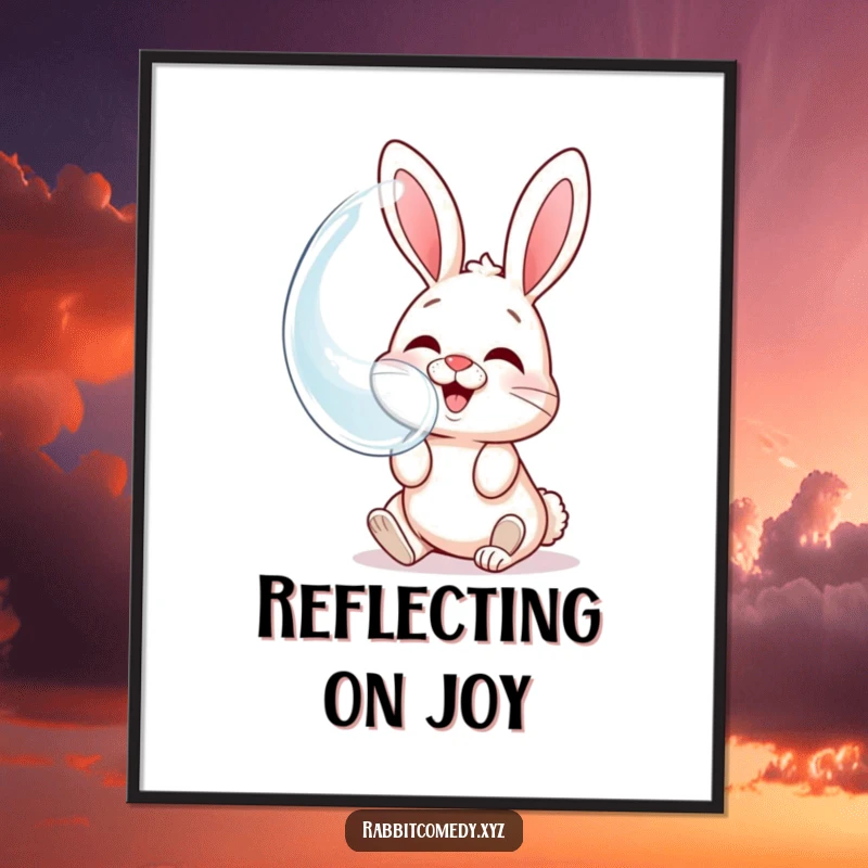 Funny poster of a giggling rabbit character blowing a giant bubble that reflects its own comical, happy face.