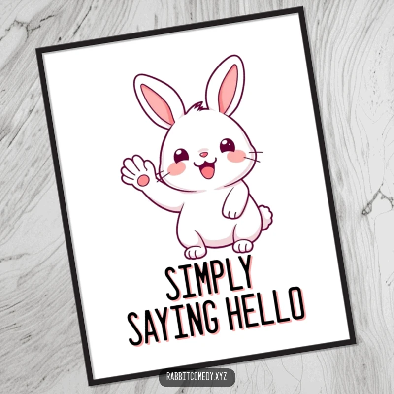 Funny Kawaii rabbit with a wide smile, giving a joyful wave with its paw, creating cheerful wall art.