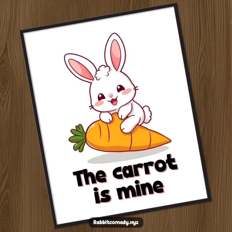Funny Poster: A fluffy, kawaii rabbit character joyfully hops over a giant carrot, creating an adorable and humorous art piece, a funny gift.