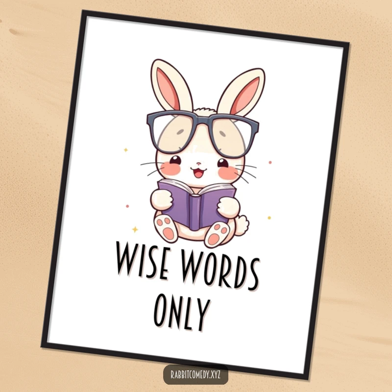 Funny Poster: A kawaii rabbit with oversized glasses reads a tiny book, adding humorous and intellectual charm to wall decor.