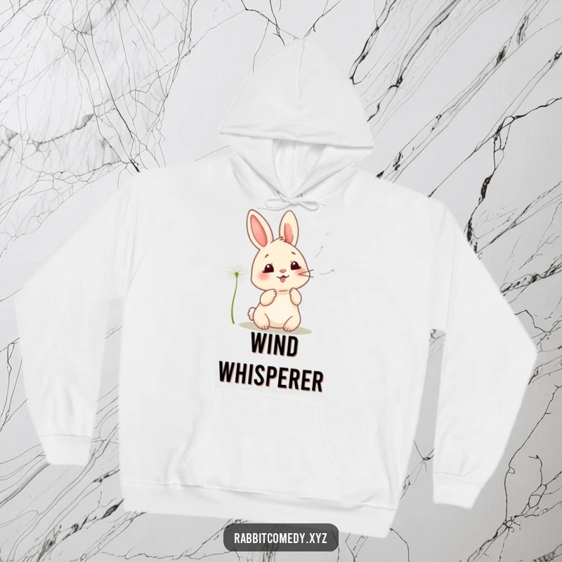 Funny kawaii rabbit hoodie, a delightful character radiating giggles as it blows dandelion seeds, offering cozy comfort and a touch of whimsy.
