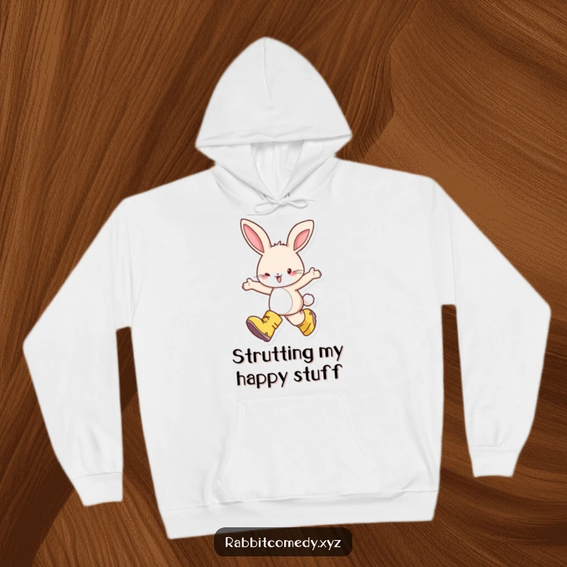 Funny hoodie featuring a happy rabbit in oversized boots, skipping with delight, offering warmth and a dose of pure, whimsical joy.