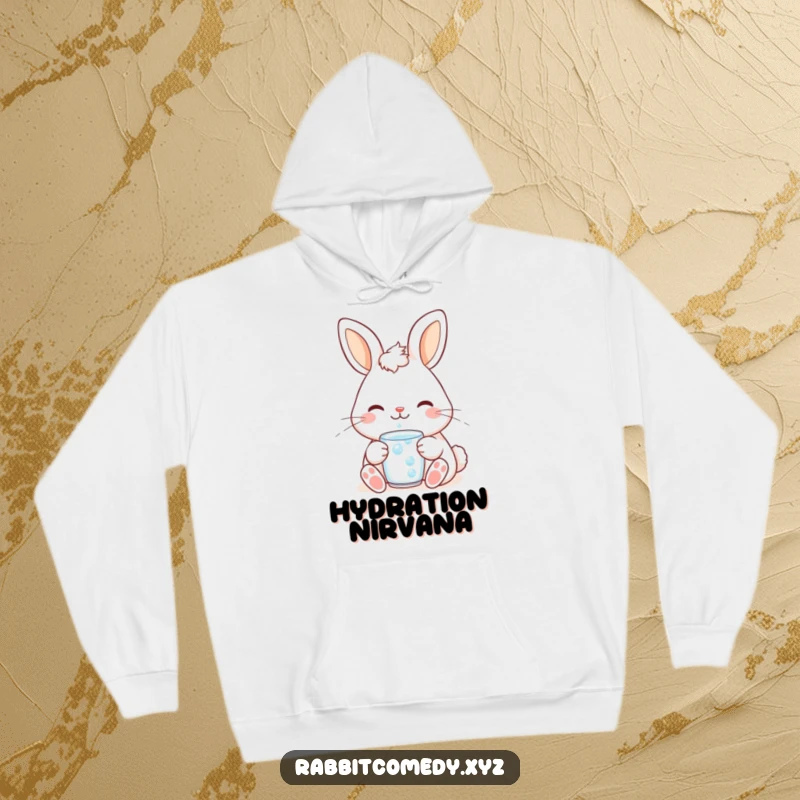 Funny cute kawaii rabbit hoodie, depicting a peaceful bunny with a contented smile, sipping a dewdrop, offering cozy relaxation.