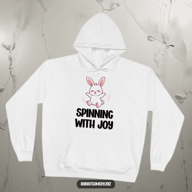 Funny Hoodie with a cute rabbit spinning enthusiastically, eyes closed, embodying pure, unadulterated joy and playful energy.
