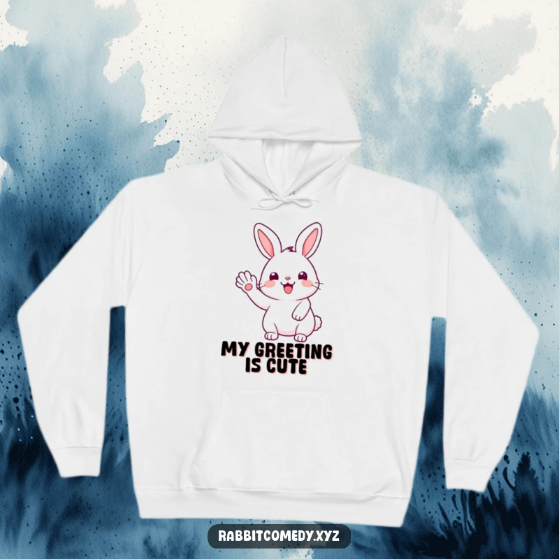 Funny Kawaii rabbit, radiating happiness, giving a cheerful wave with its paw, featured on this cozy hoodie.
