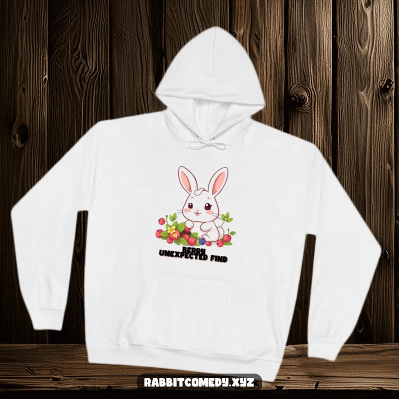 Funny kawaii rabbit with an astonished expression finding a secret berry patch, a cozy and delightful hoodie.