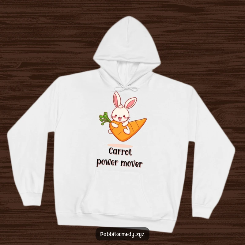 Funny kawaii rabbit character gleefully hopping on a giant carrot, a cozy and cheerful design for your favorite hoodie.