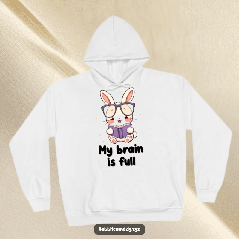 Funny Hoodie: A kawaii rabbit with oversized glasses reads a tiny book, offering a humorous and cozy vibe for scholars.