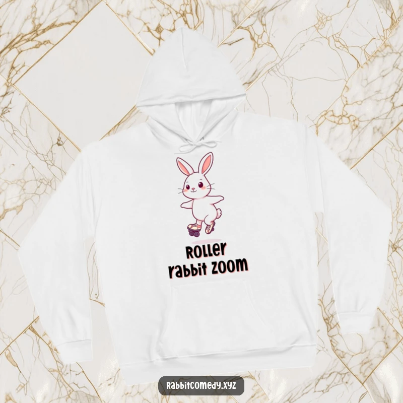 Funny Hoodie: A cozy hoodie showcasing a playful rabbit on roller skates, spinning with delight.