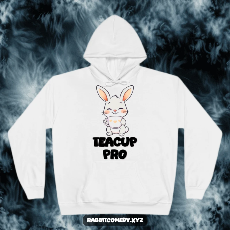 Funny smiling rabbit hoodie, balancing a teacup on its nose, cozy and elegant with a touch of whimsical humor.