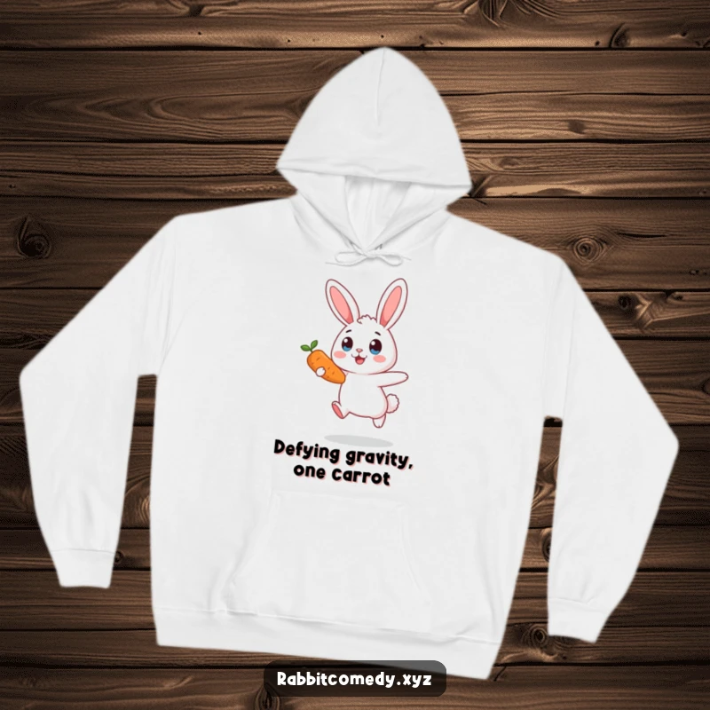 Funny surprised rabbit hoodie, caught mid-air with a carrot, wide-eyed and flustered, perfect for a cozy and comical feel.