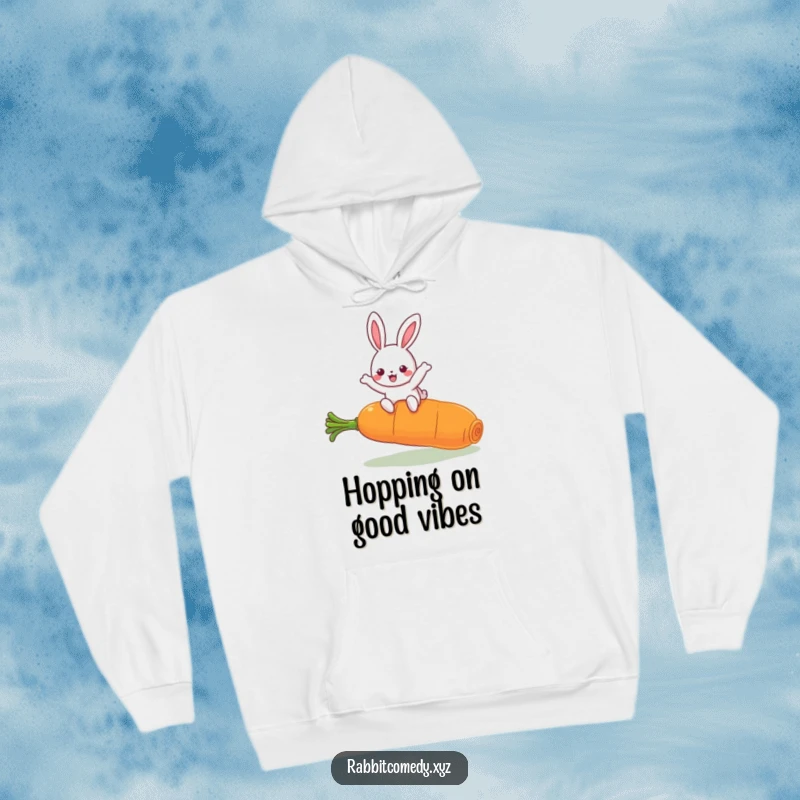 Funny Kawaii Rabbit Hoodie: Cute cartoon rabbit mid-air, leaping over a giant carrot, bringing smiles and warmth.