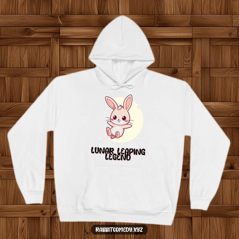 Funny Hoodie: A determined kawaii rabbit leaps over a moonbeam, offering a humorous and magical touch for cozy nights.